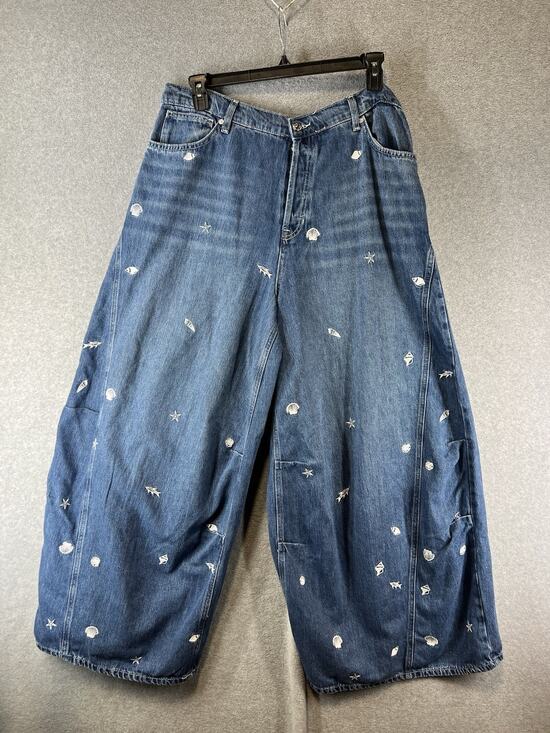 Free People Denim - Free People Westward Demim Jean Size 33 “ Under The Sea” Wide Leg Embroidered